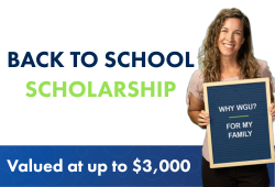 Woman smiling while holding a sign about a Back to School Scholarship valued at up to $3,000.